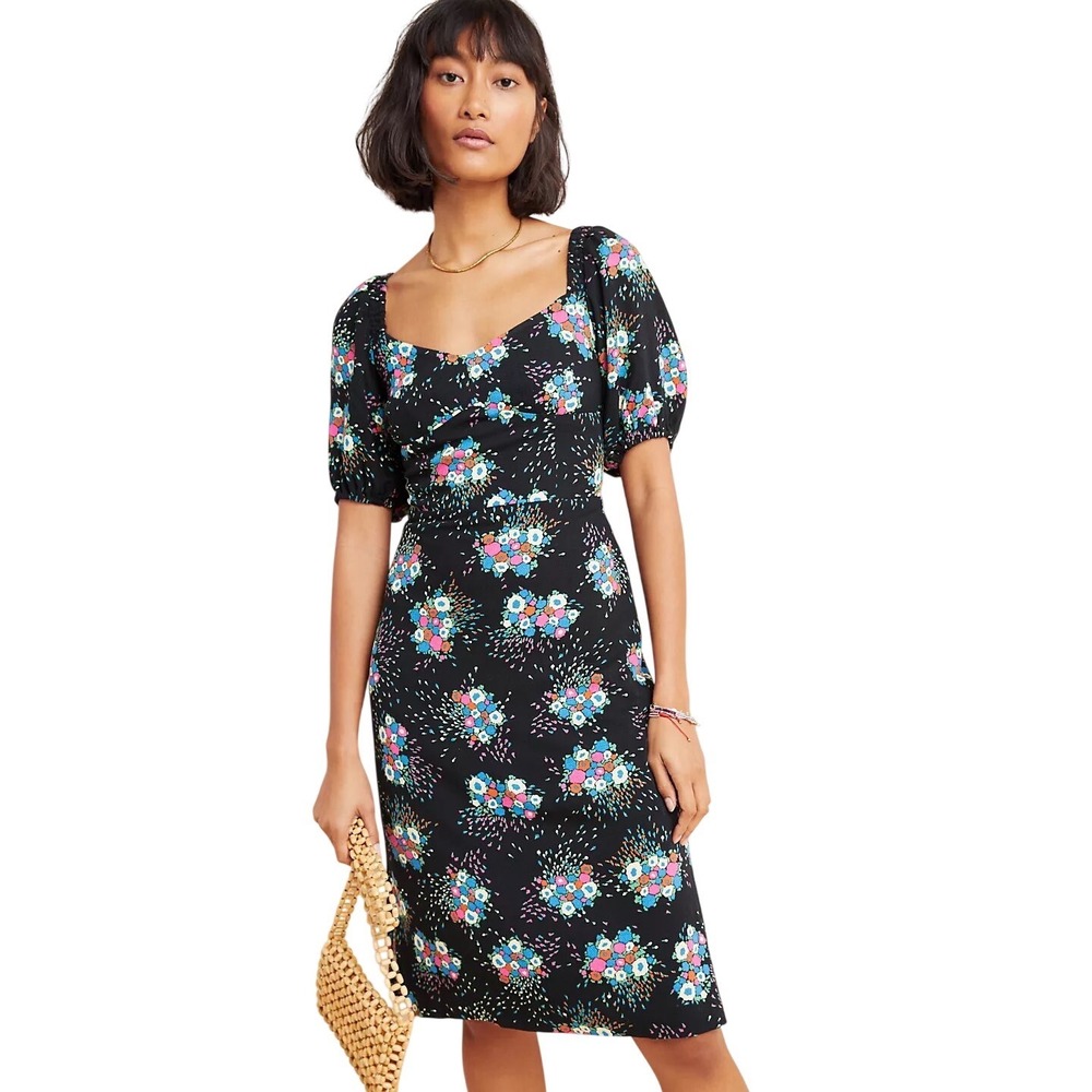 Anthropologie Scarletta Sweetheart Floral Black Mini Dress Black Puffed Sleeve 2